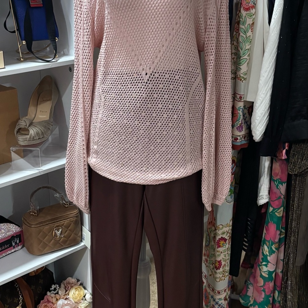 WHBM Blush Pink Sweater and burgundy pleather Pants